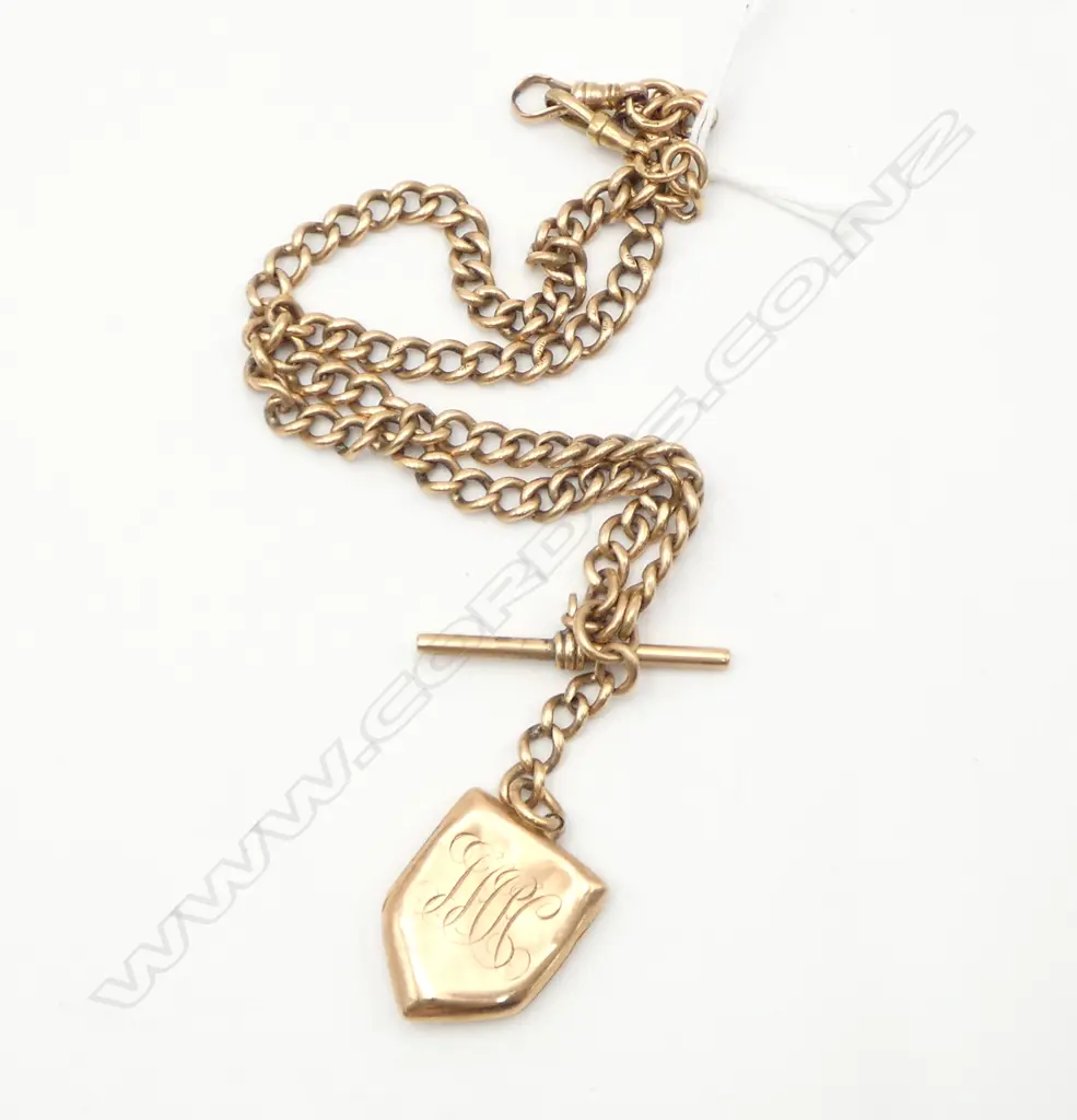 9ct ROSE GOLD CURB LINK ALBERT CHAIN w T-BAR + LOCKET L.460mm Image 1++