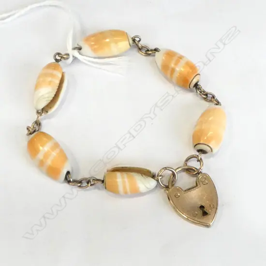 EARLY 20thC 9ct GOLD & 6 SEA SHELL BRACELET heart padlock 9ct gold clasp 12gms total  