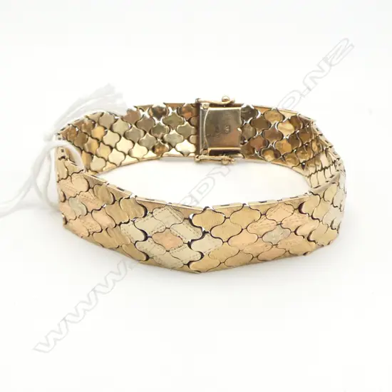 14ct 3 COLOUR GOLD FLAT LINK BRACELET push-in clasp 44.7gms