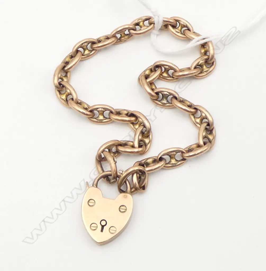 EARLY 20thC ROSE GOLD CAPSTAN LINK BRACELET heart padlock clasp 10gms Image 1++