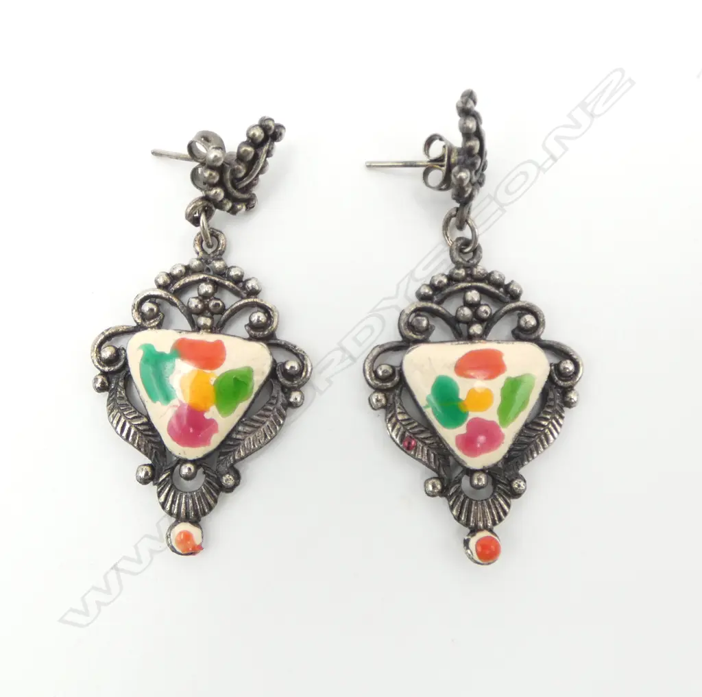PR TIBETAN SILVER & ENAMEL EARRINGS Image 1++