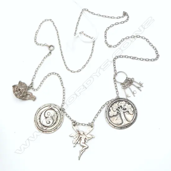 SILVER NECKLACE W VARIOUS DROPS: fairy + pisces  + fish  + keys etc 20+gms