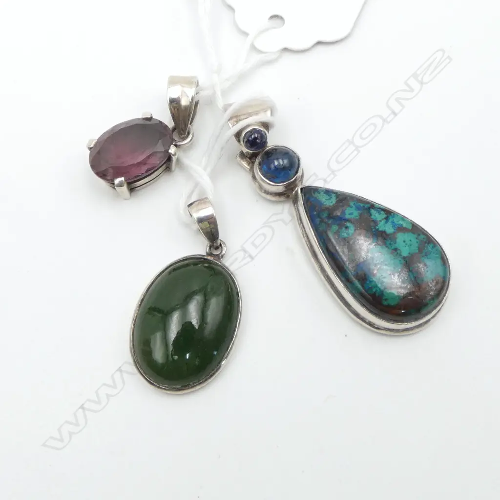 3 SILVER & GEM SET PENDANTS: POUNAMU + AMETHYST + TURQUOISE Image 1++