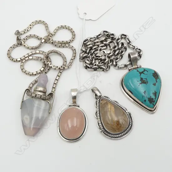2 SILVER PENDANT NECKLACES (PERFUME BOTTLE & TURQUOISE) + 2 STONE PENDANTS (PINK QUATZ & OTHER)