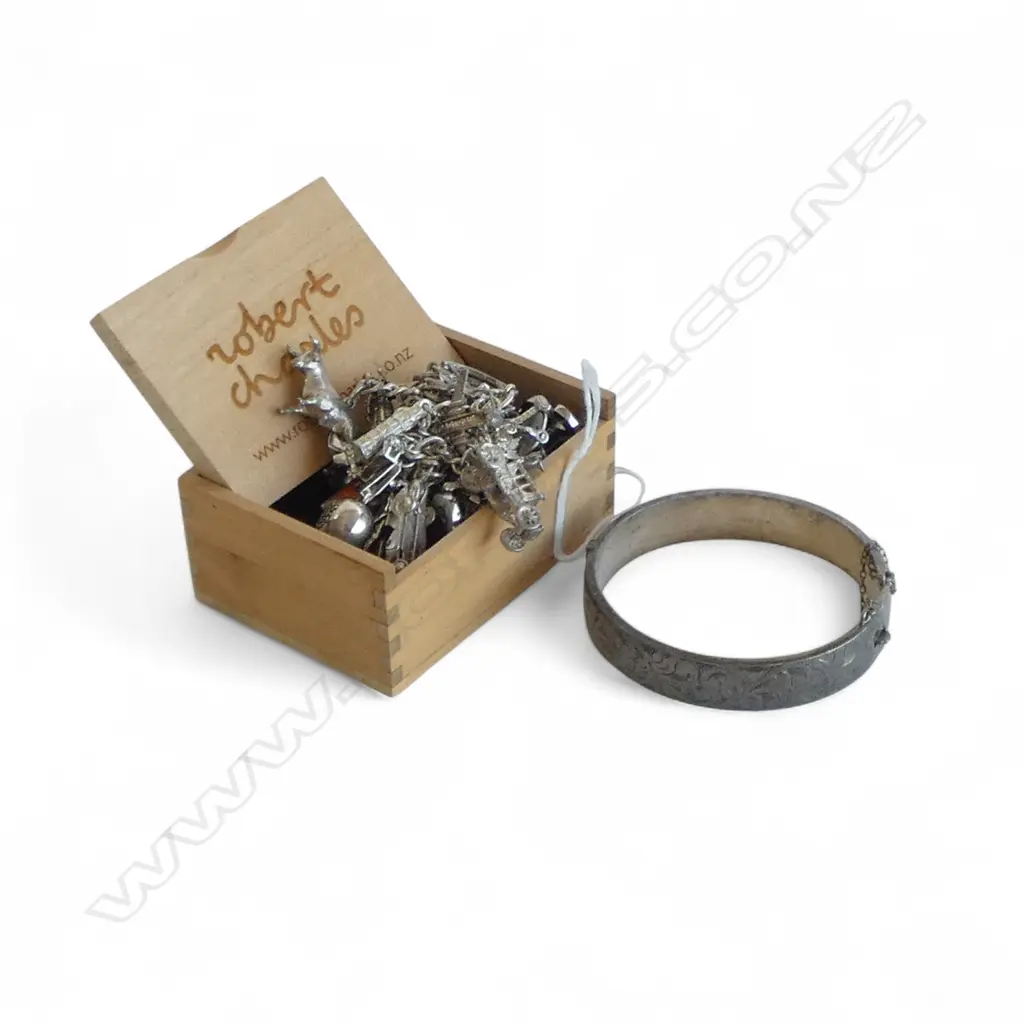 STG SILVER BRACELET w. ASST SILVER etc CHARMS  + STG SILVER BANGLE & 2 PRS CUFF LINKS Image 1++