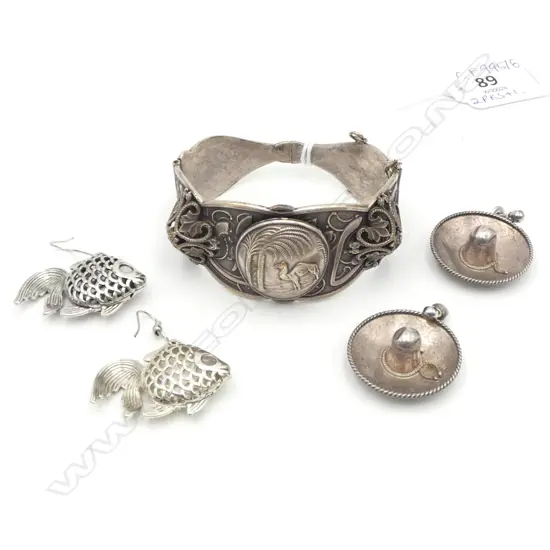 SILVER TONE CUFF BANGLE + 2 PRS EARRINGS; FISH & MEXICAN SILVER SOMBREROS