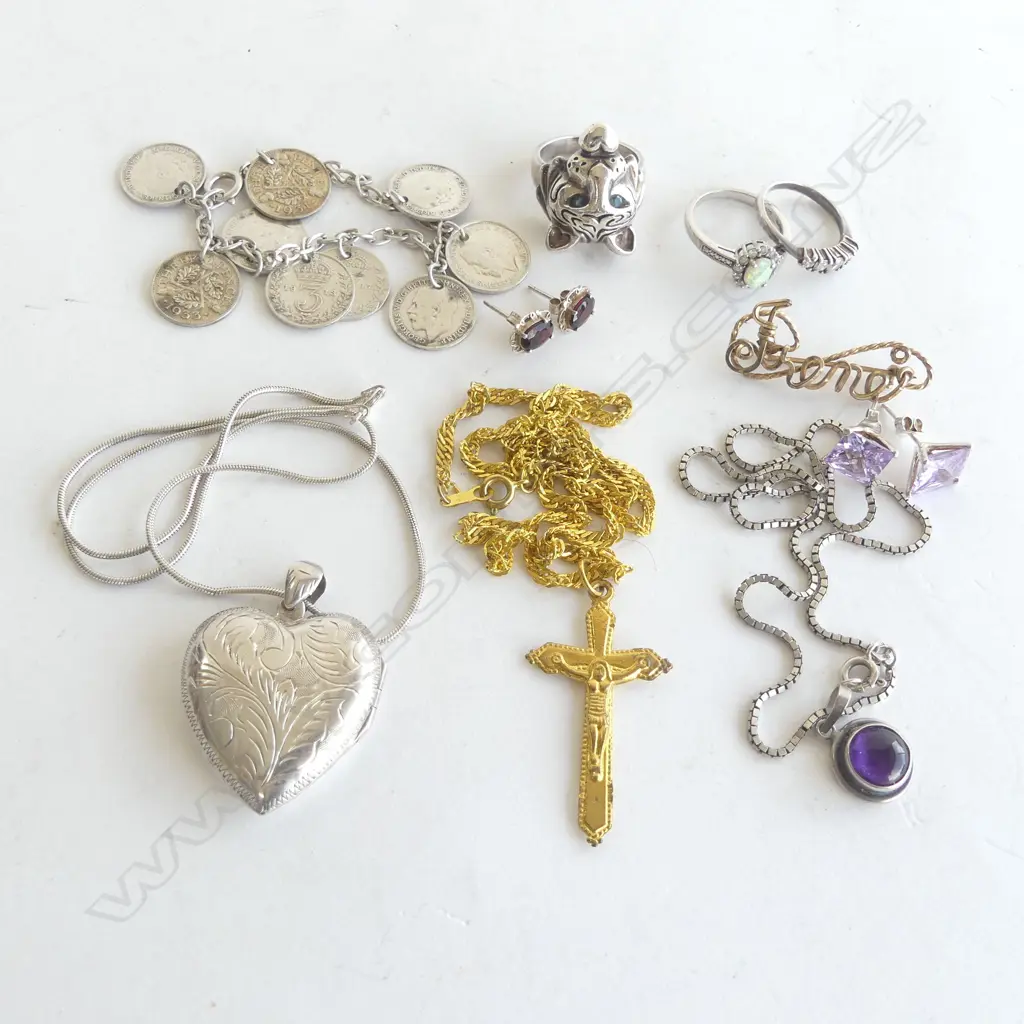 ASST. SILVER JEWELLERY, CZ EARRINGS & GOLD PLATED CROSS on CHAIN, chain stamped 18k but tests as plated Image 1++