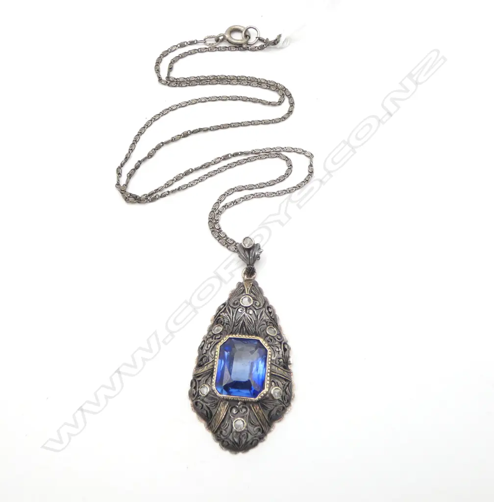 VINTAGE DECO PENDANT w. ROSE CUT DIAMONDS & SYN BLUE STONE ON 800 SILVER CHAIN Image 1++