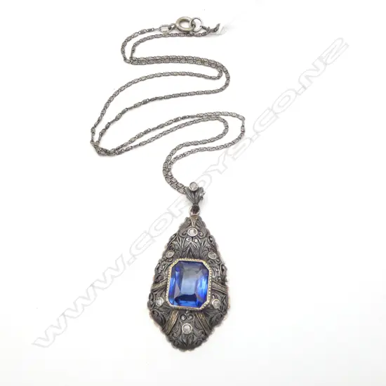 VINTAGE DECO PENDANT w. ROSE CUT DIAMONDS & SYN BLUE STONE ON 800 SILVER CHAIN