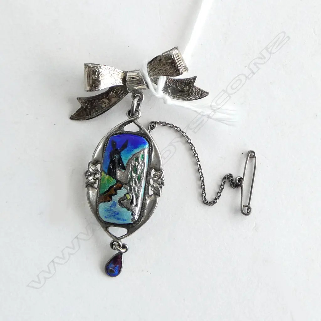 ARTS & CRAFTS SILVER & ENAMEL BROOCH (no pin) on SILVER BOW Image 1++
