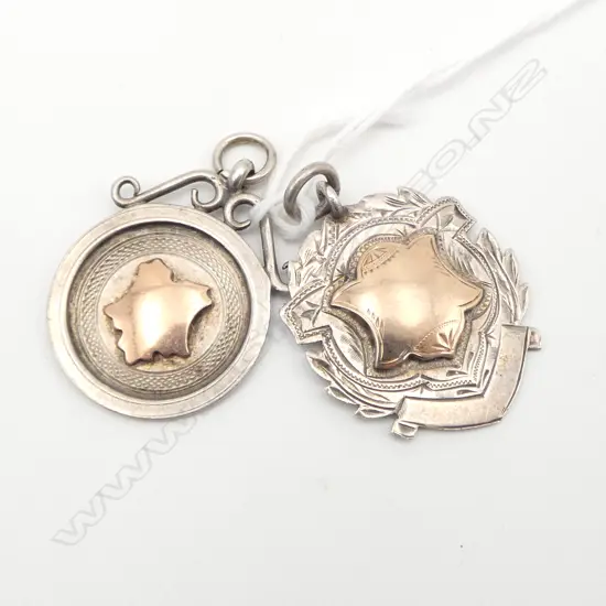 2 early 20thC SILVER MEDALLIONS W GOLD SHIELDS 