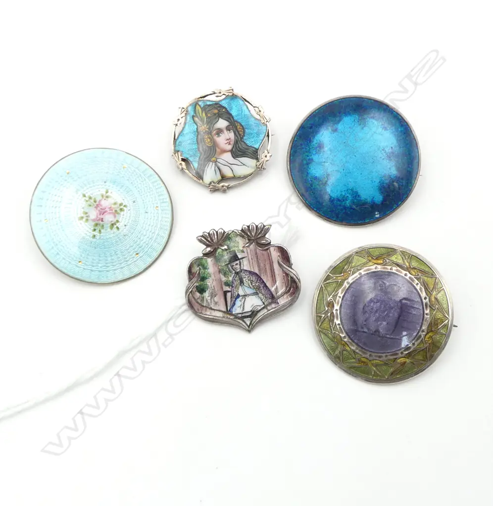 5 ENAMEL BROOCHES; 800 SILVER GUILLOCHE ART NOUVEAU WOMAN 25mm dia, WELSH WOMAN IN HAT, 2 STG 30mm dia Image 1++