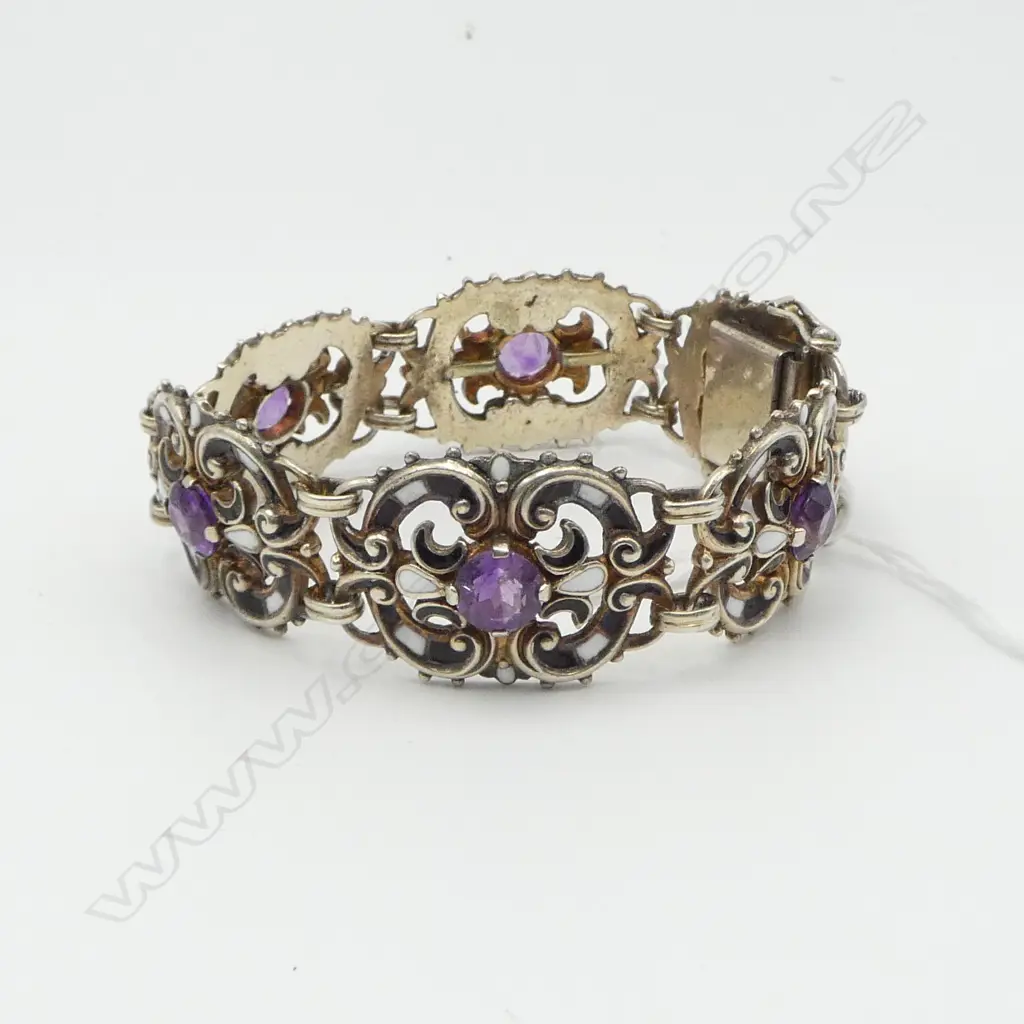 935 SILVER ENAMEL AND AMETHYST BRACELET L.190mm Image 1++