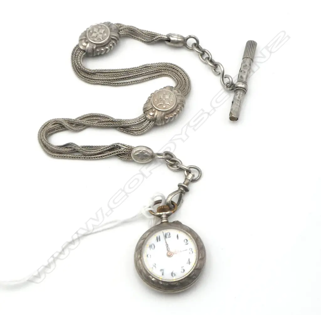OLD CONTINENTAL SILVER ALBERTINA WITH SILVER & ENAMEL WATCH ATTACHED (WORKING) Image 1++