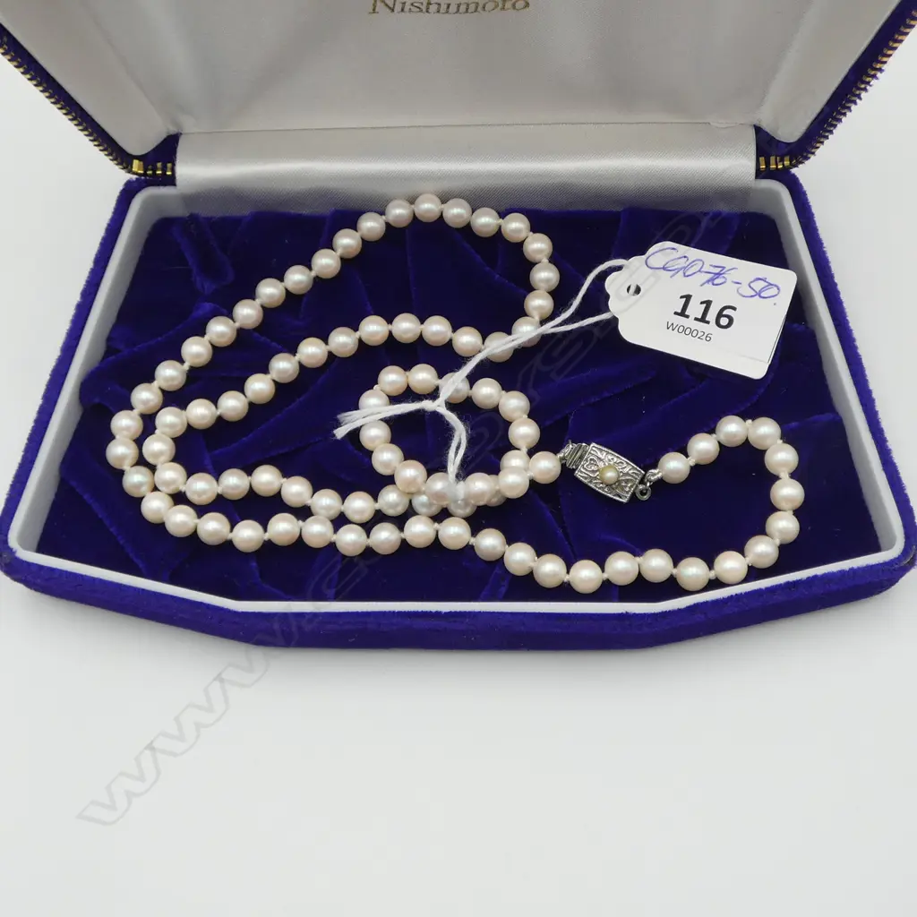 VINTAGE NISHIMOTO STRAND UNIFORM CULTURED PEARLS L.600mm. W silver clasp. In box w paper work Image 1++