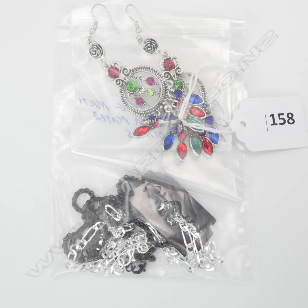 3 PCS; SILVER CHAIN, SATIN BLK BLADE NECKLACE & PR BOHEMIAN STYLE EARRINGS Image 1++