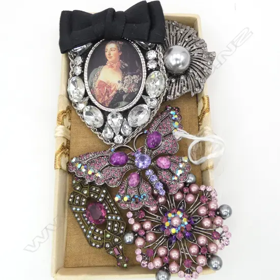 5 LRG COSTUME BROOCHES