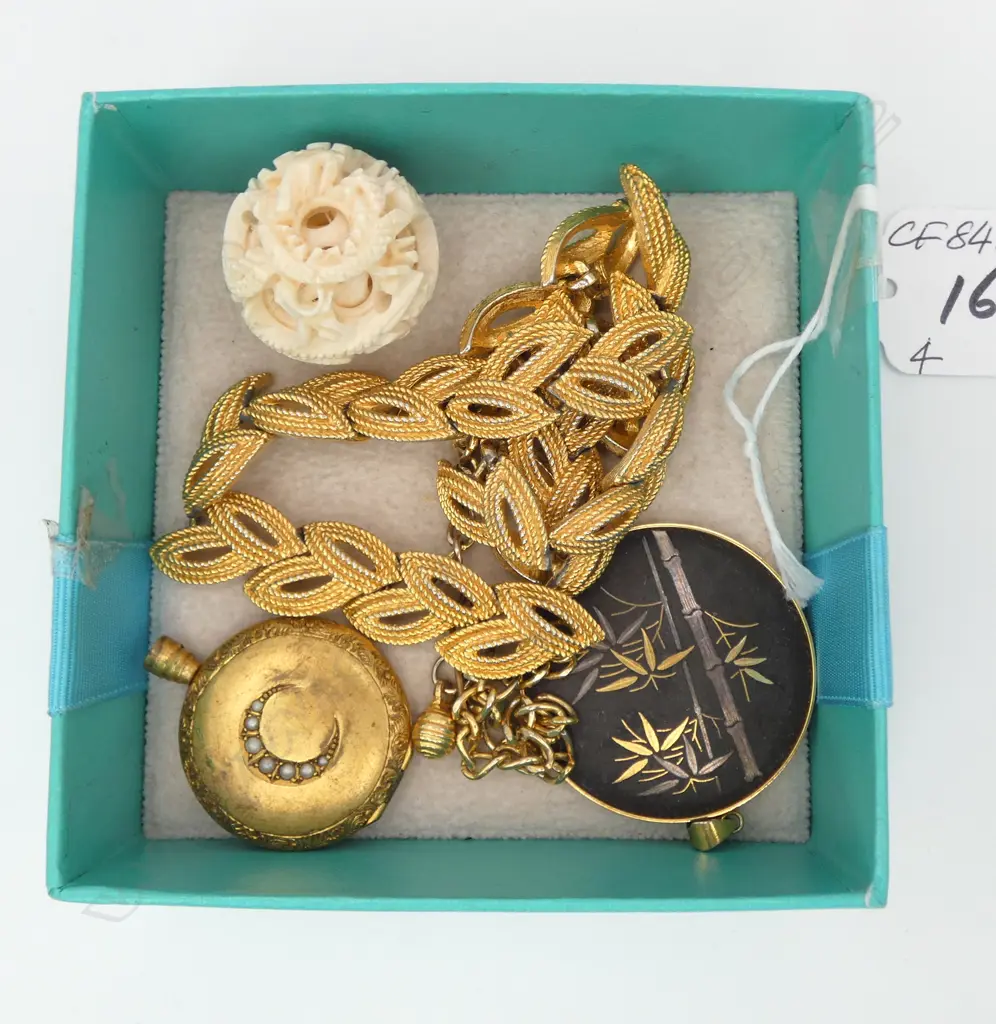 4 PCS; GOLD PLATED ARTICULATED NECKLACE & 3 PENDANTS - IVORY PUZZLE BALL & 2 OTHERS Image 1++