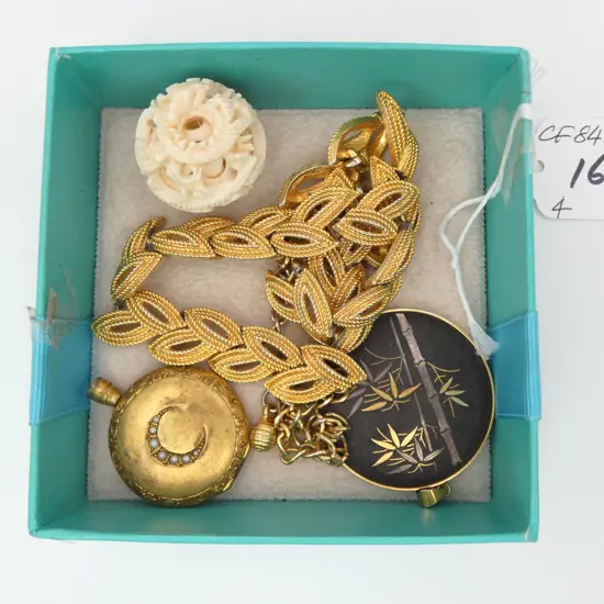 4 PCS; GOLD PLATED ARTICULATED NECKLACE & 3 PENDANTS - IVORY PUZZLE BALL & 2 OTHERS