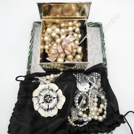 3 MIMCO COSTUME NECKLACES; PEARL w DETATCHABLE RIBBON BROOCH, PEARL/CRYSTAL & CREAM BROOCH