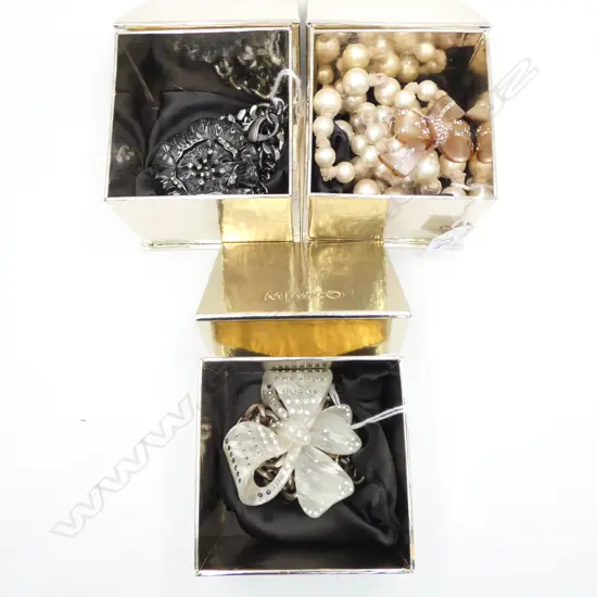 3 MIMCO COSTUME NECKLACES; PEARL w DETATCHABLE BEIGE BROOCH, CHAIN w CREAM & DIAMANTE BOW, BLK FLOWER on CHAIN