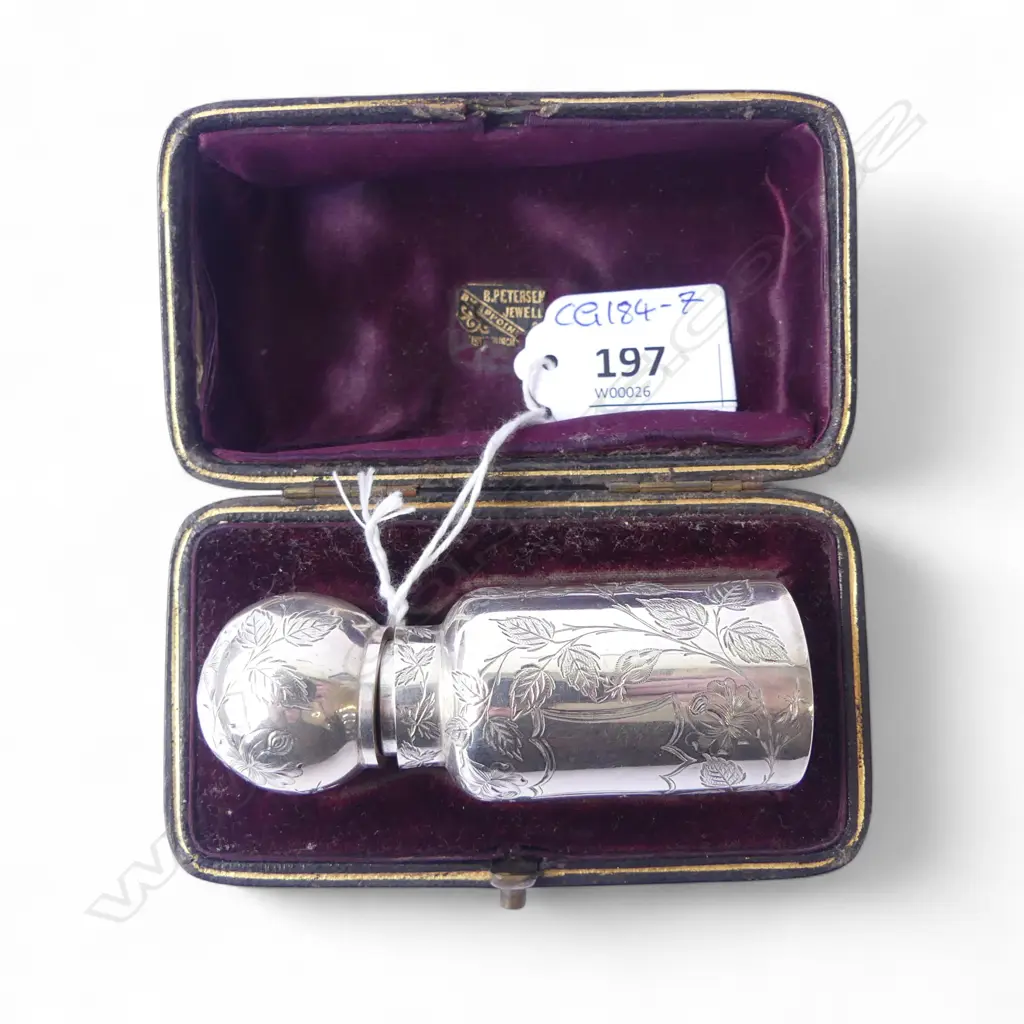 VICTORIAN STG SILVER SCENT BOTTLE, IN ORIGINAL CASE, BIRMINGHAM 1891, 58gms glass interior H.85mm MISSING GLASS STOPPER Image 1++