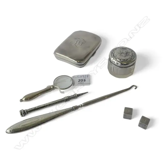 6 PCES STG SILVER; 2 DICE, PUSH PENCIL, MAGNIFYING GLASS, BUTTON HOOK, CONTAINER + SILVER METAL CIGARETTE CASE