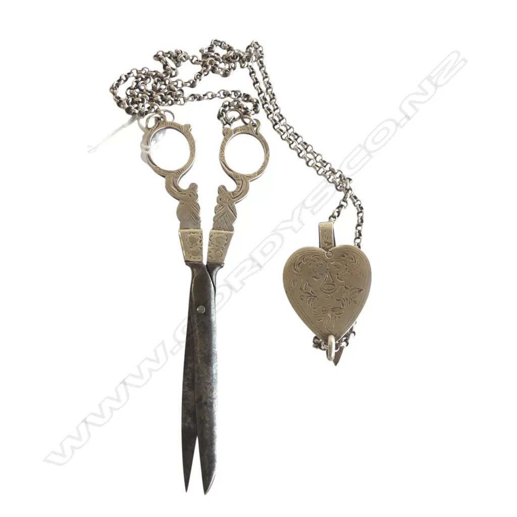 19thC DUTCH SILVER CHATELAINE SCISSORS on chain with clip Image 1++