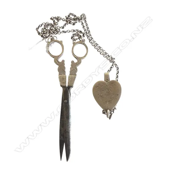 19thC DUTCH SILVER CHATELAINE SCISSORS on chain with clip