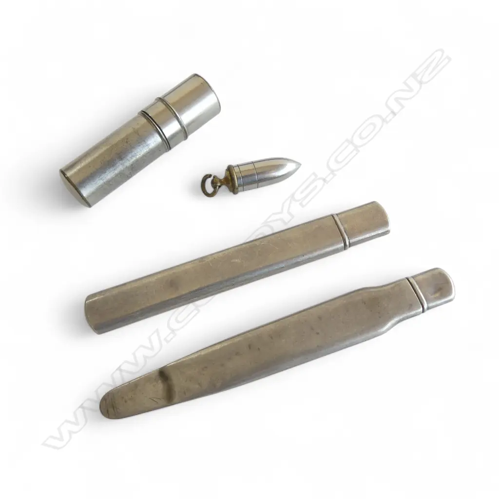 2 SILVER SHEATHED ITEMS: PENCIL + POCKET KNIFE + chrome case of pen nibs + bullet form pendant w mini dice inside Image 1++