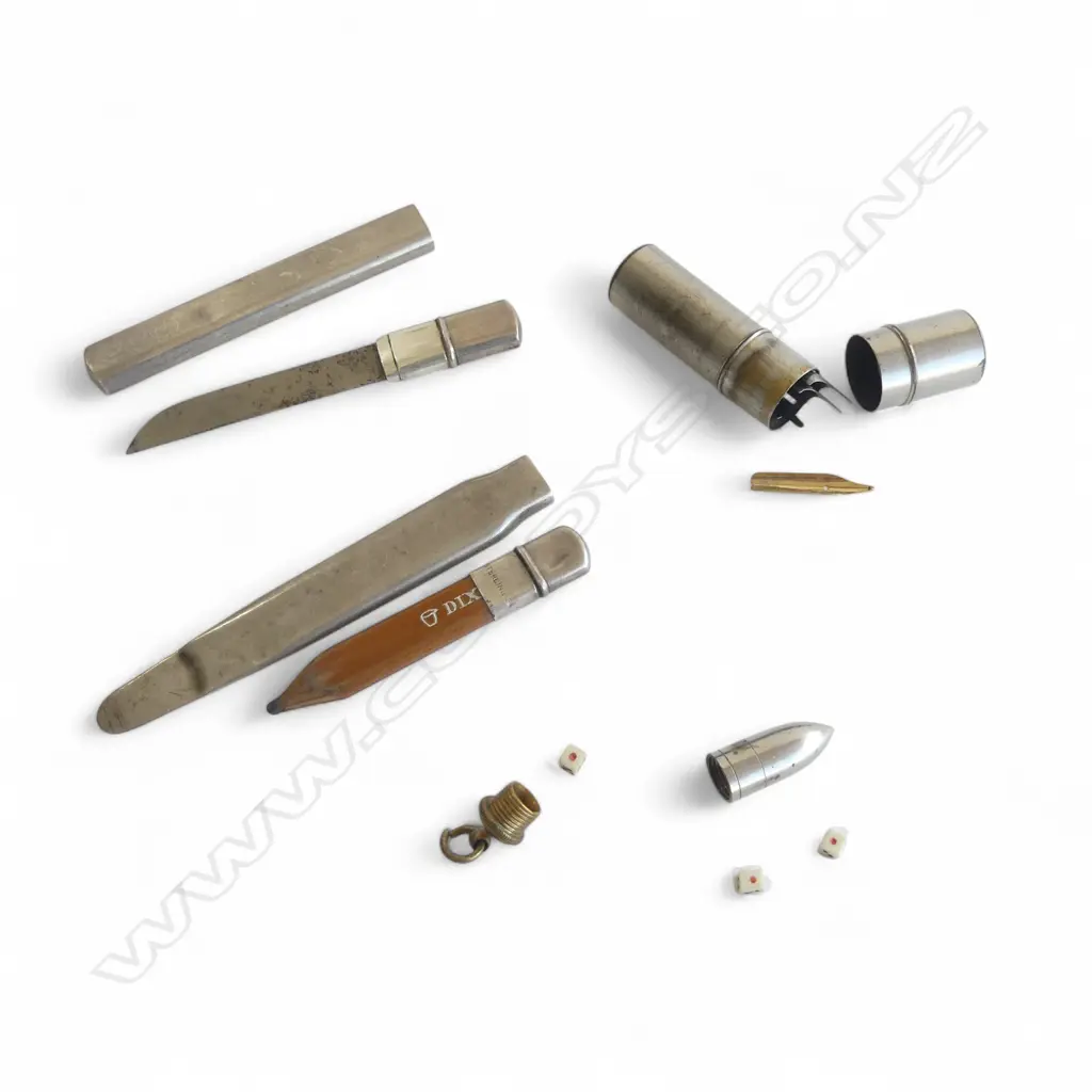 2 SILVER SHEATHED ITEMS: PENCIL + POCKET KNIFE + chrome case of pen nibs + bullet form pendant w mini dice inside Image 1++