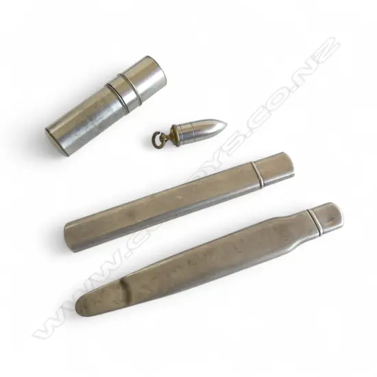 2 SILVER SHEATHED ITEMS: PENCIL + POCKET KNIFE + chrome case of pen nibs + bullet form pendant w mini dice inside