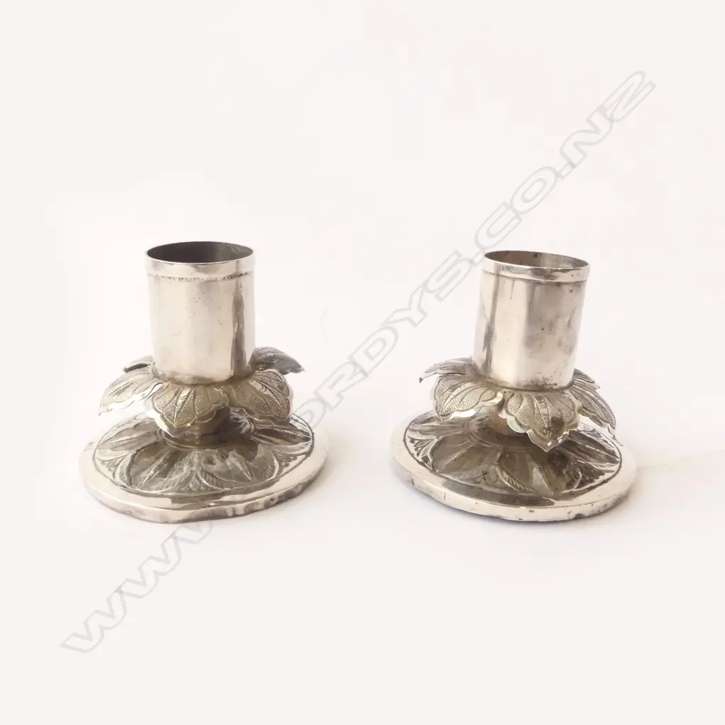 PAIR MIDDLE EASTERN STG SILVER CANDLEHOLDERS MAKERS STAMP,  H.50MM D.55MM Image 1++