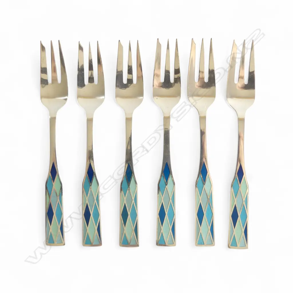GEORG JENSEN SILVER & ENAMEL 'HARLEQUIN' SET 6 DESSERT FORKS Image 1++