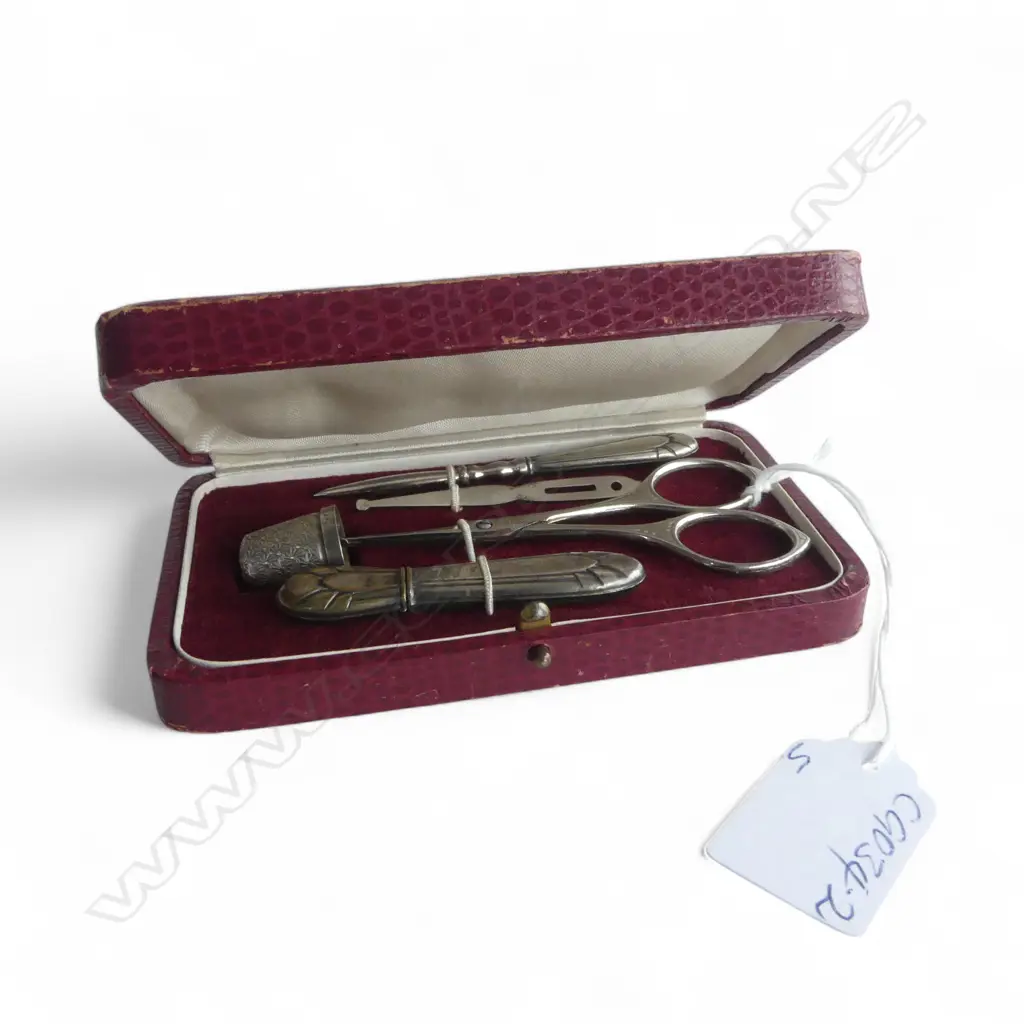 VINTAGE 5 piece SILVER & STEEL SEWING SET IN RED FITTED BOX Image 1++