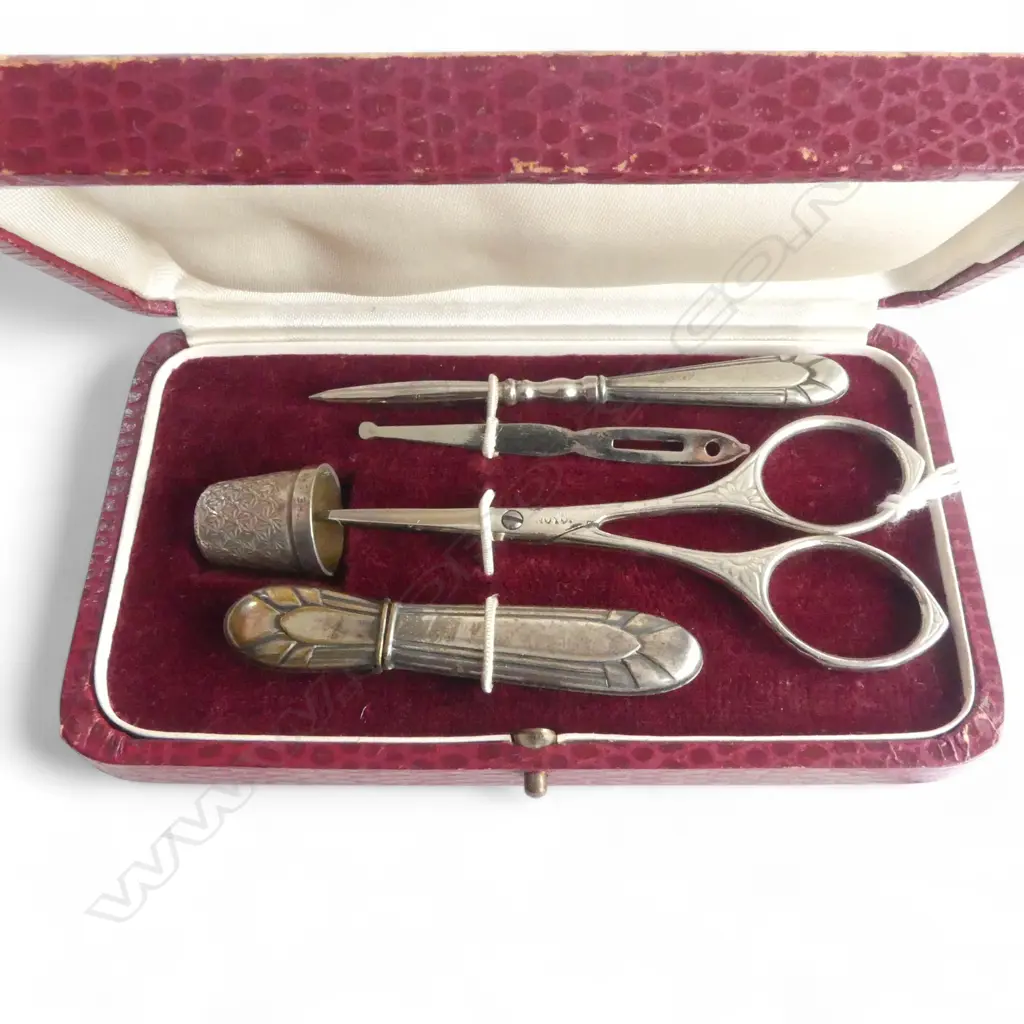 VINTAGE 5 piece SILVER & STEEL SEWING SET IN RED FITTED BOX Image 1++