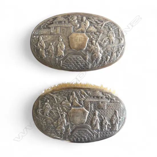 PR c.1900 CHINESE SUNSHING CANTON embossed fancy SILVER BACKED CLOTHES BRUSHES