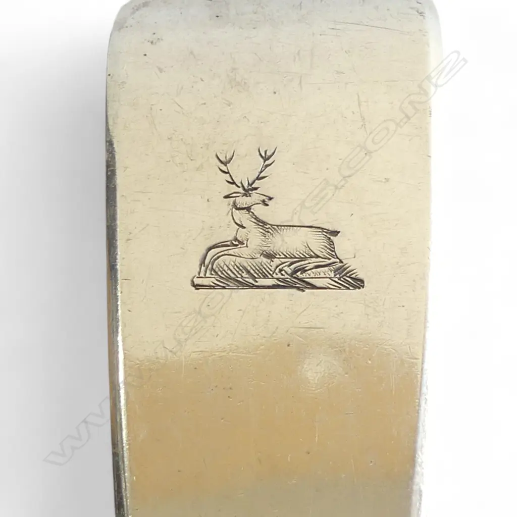 WM IV London 1829 SILVER LGE BASTING/SERVING SPOON Fiddle pattern. Crested recumbent deer 155gms  Image 1++