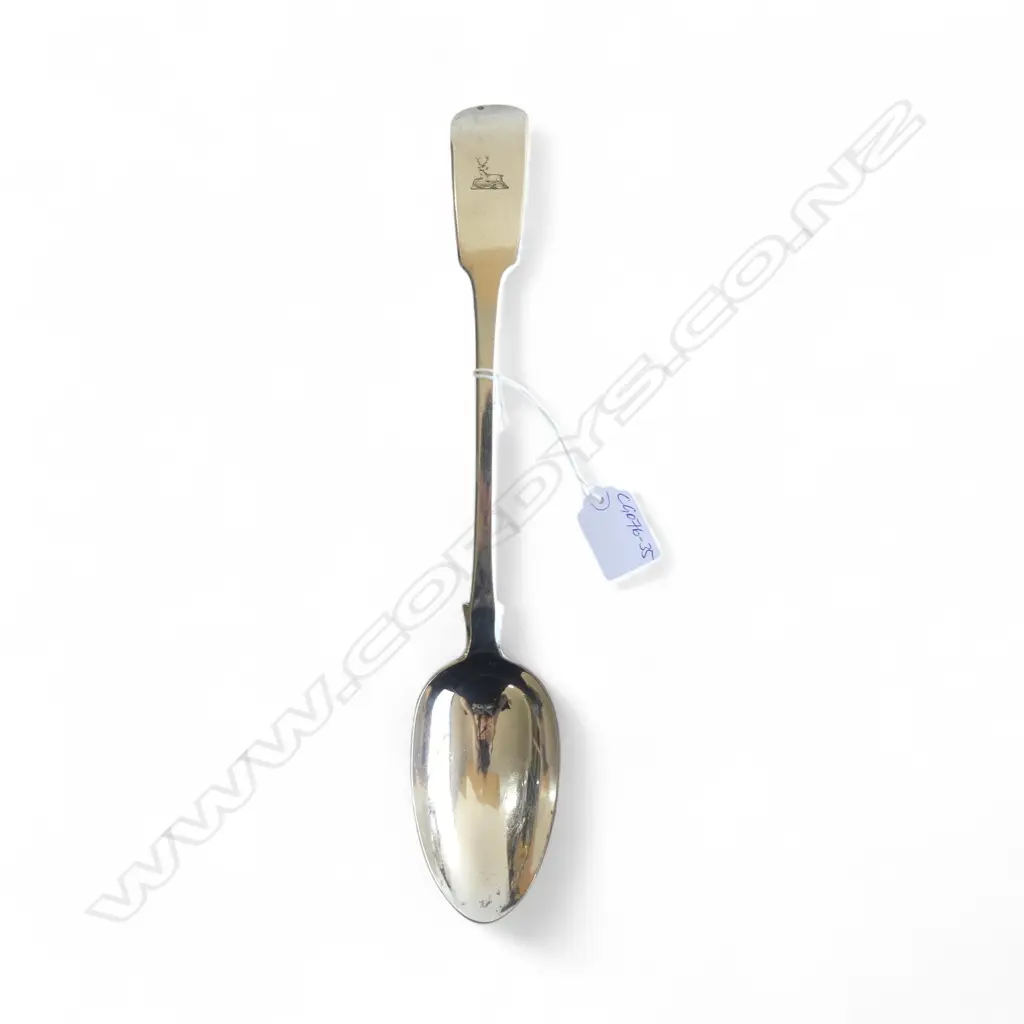 WM IV London 1829 SILVER LGE BASTING/SERVING SPOON Fiddle pattern. Crested recumbent deer 155gms  Image 1++