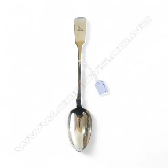 WM IV London 1829 SILVER LGE BASTING/SERVING SPOON Fiddle pattern. Crested recumbent deer 155gms 