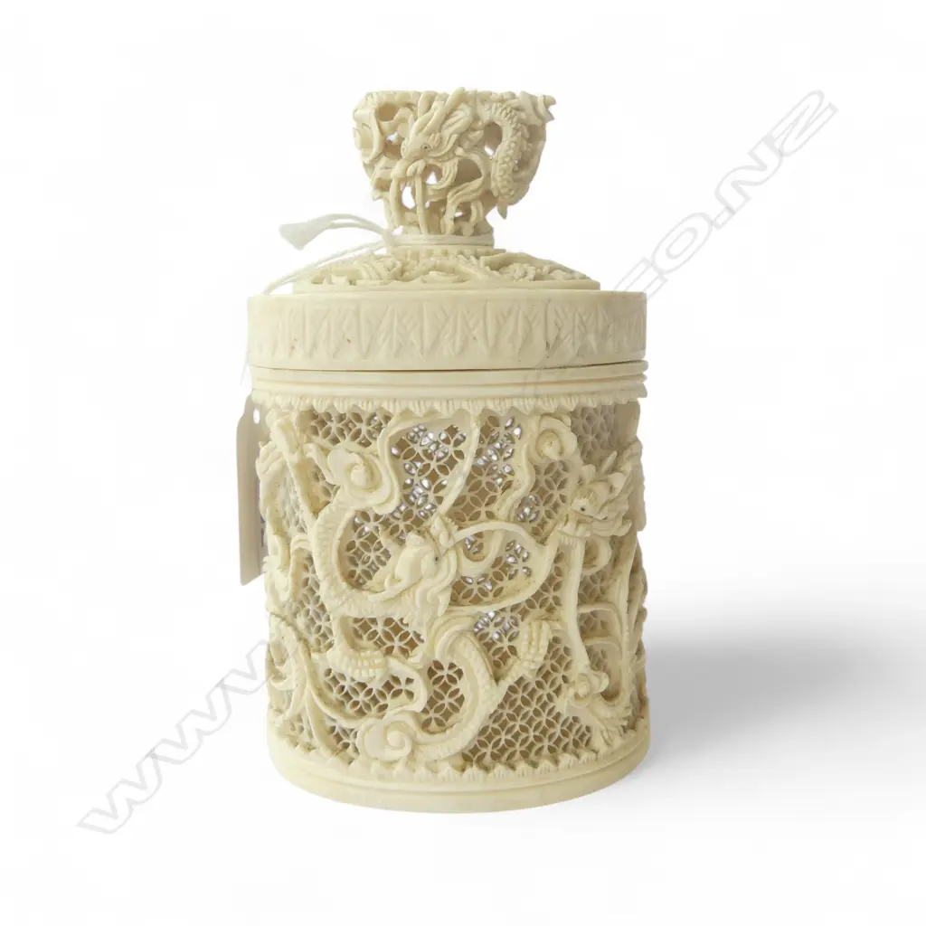 CHINESE CARVED IVORY CRICKET CAGE lidded w dragon finial + dragon reticulated carving H.115mm Image 1++