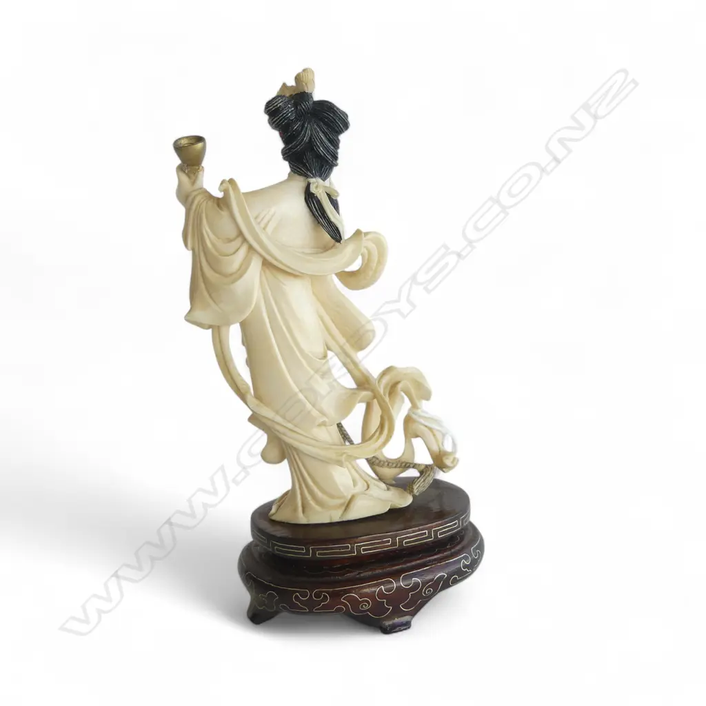 CHINESE CARVED IVORY FIGURINE ON INLAID WOOD BASE H160MM Image 1++