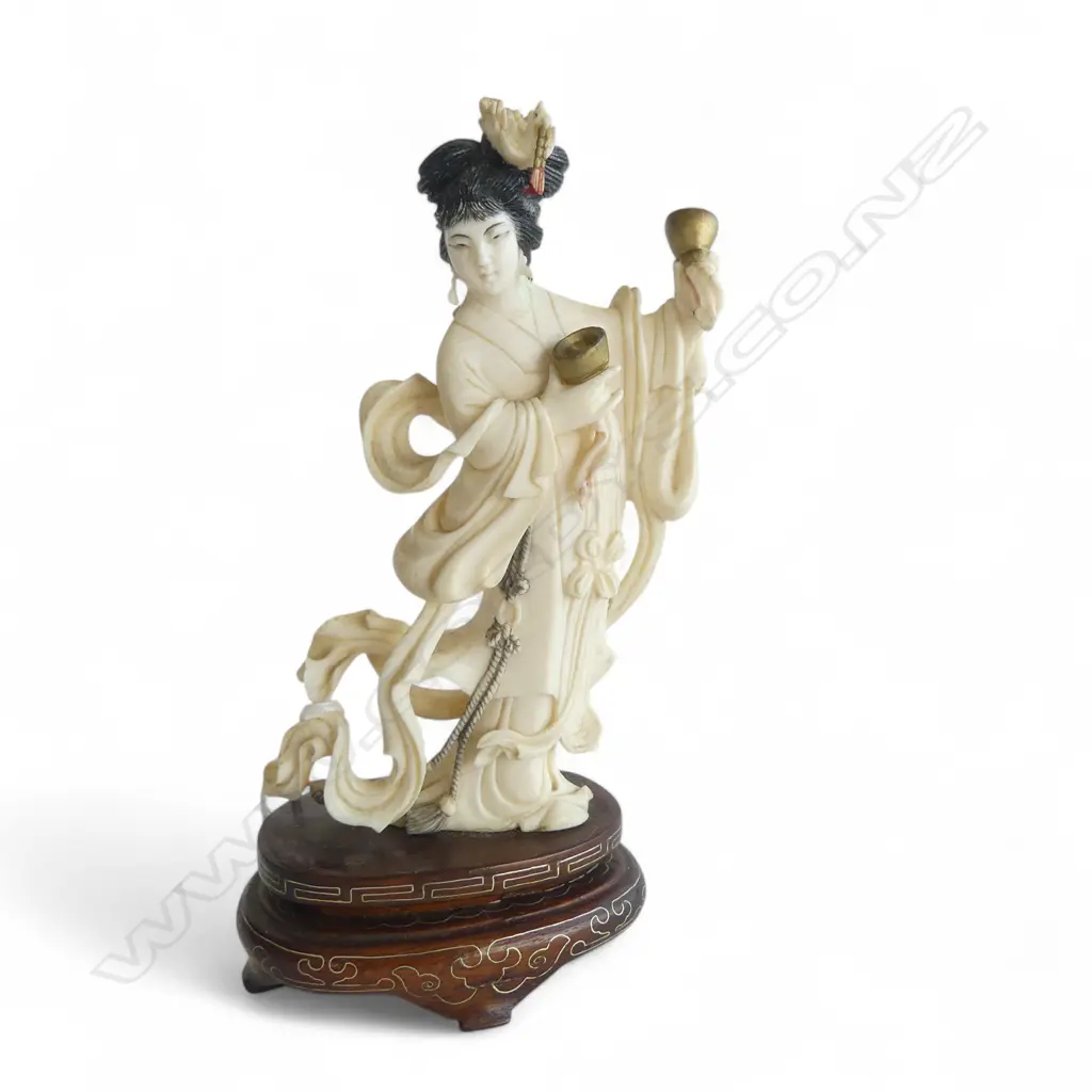 CHINESE CARVED IVORY FIGURINE ON INLAID WOOD BASE H160MM Image 1++
