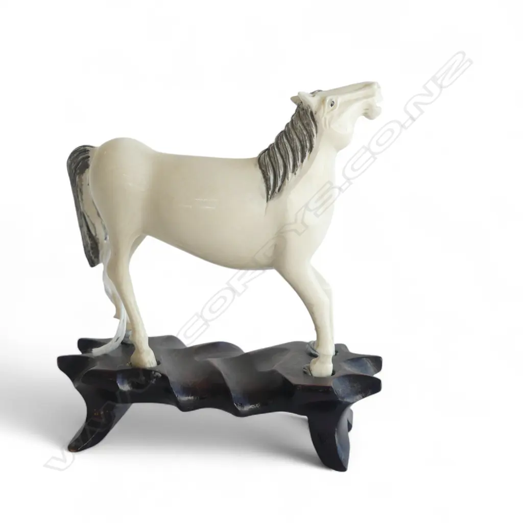 CHINESE CARVED IVORY HORSE ON WOOD STAND H110MM Image 1++