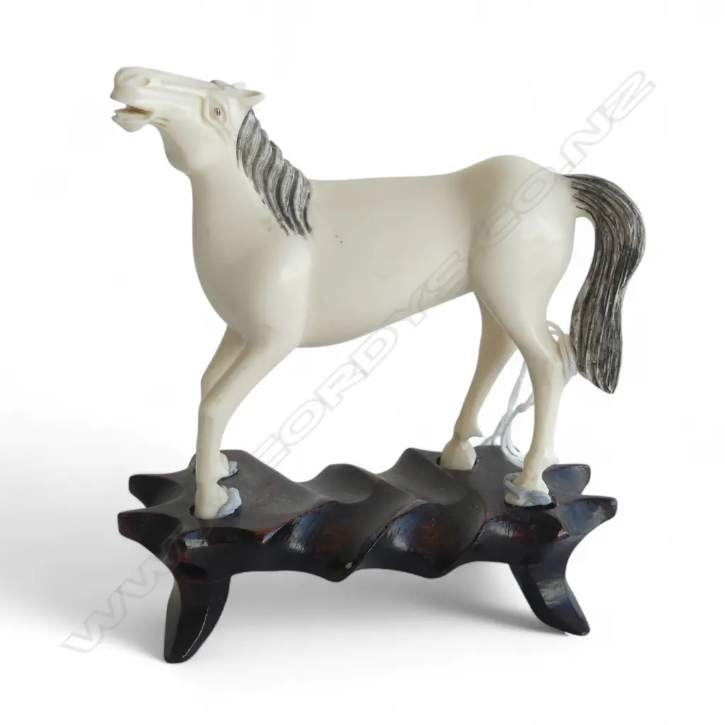 CHINESE CARVED IVORY HORSE ON WOOD STAND H110MM Image 1++