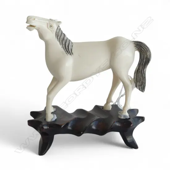 CHINESE CARVED IVORY HORSE ON WOOD STAND H110MM