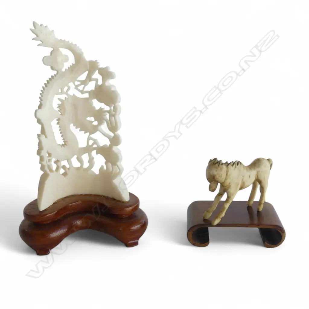 CARVED MINITURE IVORY HORSE ON WOOD STAND H40MM & IVORY CARVED DRAGON H100MM Image 1++
