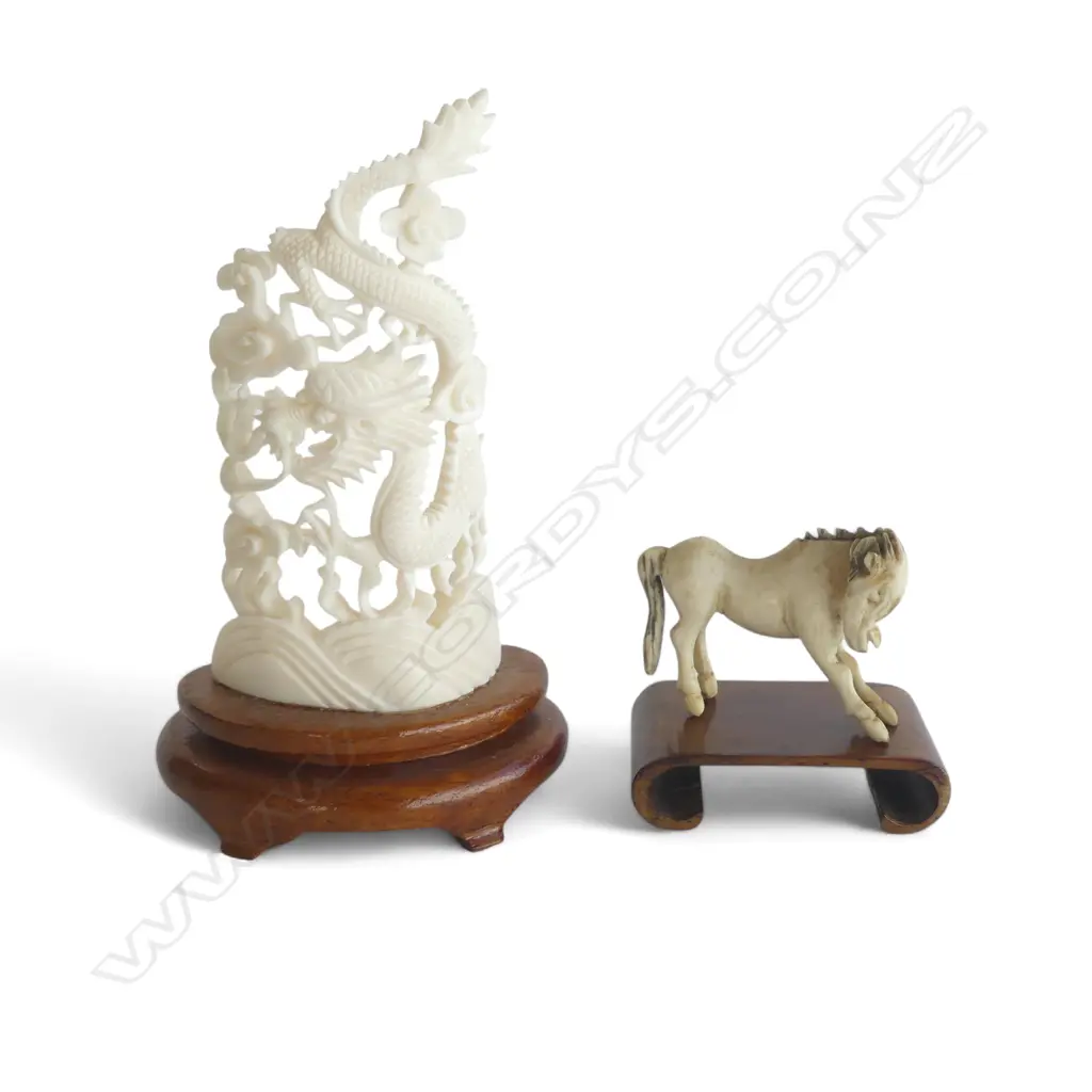 CARVED MINITURE IVORY HORSE ON WOOD STAND H40MM & IVORY CARVED DRAGON H100MM Image 1++