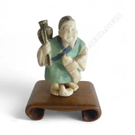 JAPANESE SIGNED NETSUKE FISHERMAN ON STAND H65