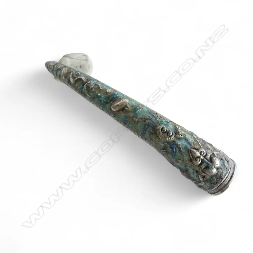 ANTIQUE CHINESE SILVER & ENAMEL FINGERNAIL GUARD 11G Image 1++